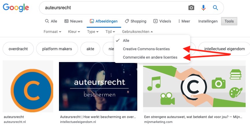 Submenu Gebruiksrechten in Google AfbeeldingenFilter Gebruiksrechten in Google Afbeeldingen