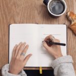 Schrijvende handen van enigszins alternatieve vrouw met kop koffie en croissant met een hap er uit