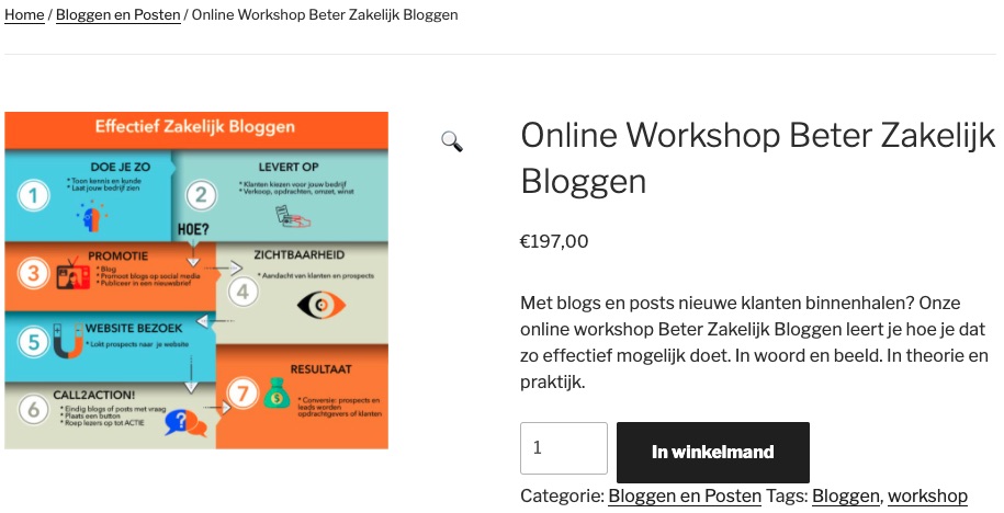 Voorbeeld van hoe de Korte productbeschrijving en broodkruimelpad er uit ziet met WooCommerce