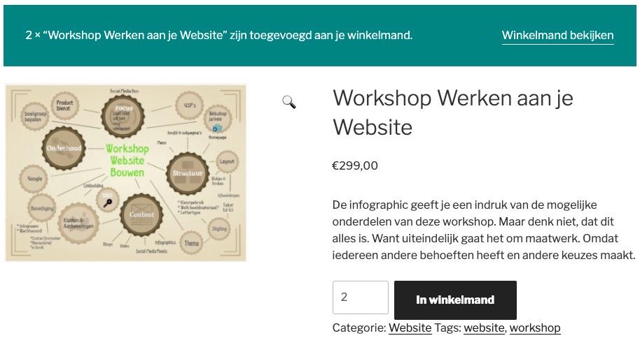 Melding dat een product aan de winkelmand is toegevoegd met link om die winkelmand te bekijken.