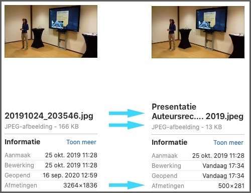 Een voorbeeld hoe je de bestandsnaam verandert van cijfers woorden die de afbeelding beschrijven; en dat een afbeelding van veel minder pixels ook een veel kleiner bestand geeft en dat die afbeelding dan toch scherp blijft.