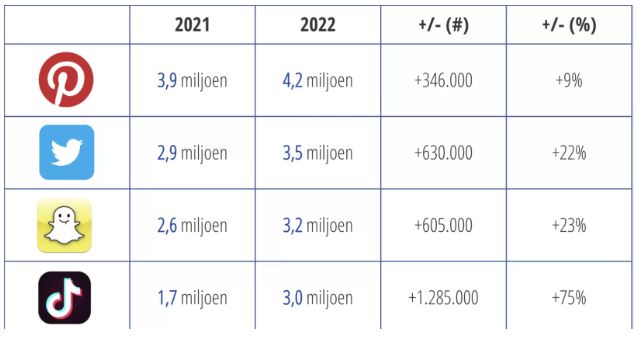 Vervolg schema met aantallen voor onder andere pinterest, twitter, snapchat.