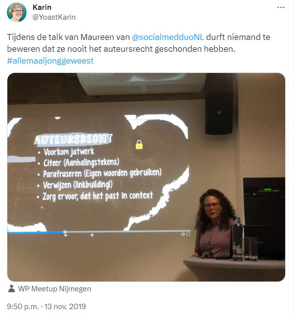 Post op X, voorheen Twitter, over workshop auteursrecht tijdens WP Meetup Nijmegen.